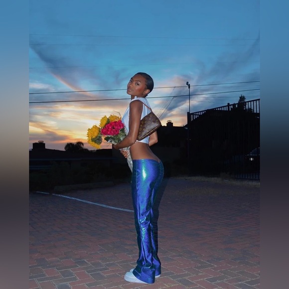 LE CITRINE METALLIC COBALT BLUE PANTS - Picture 1 of 5